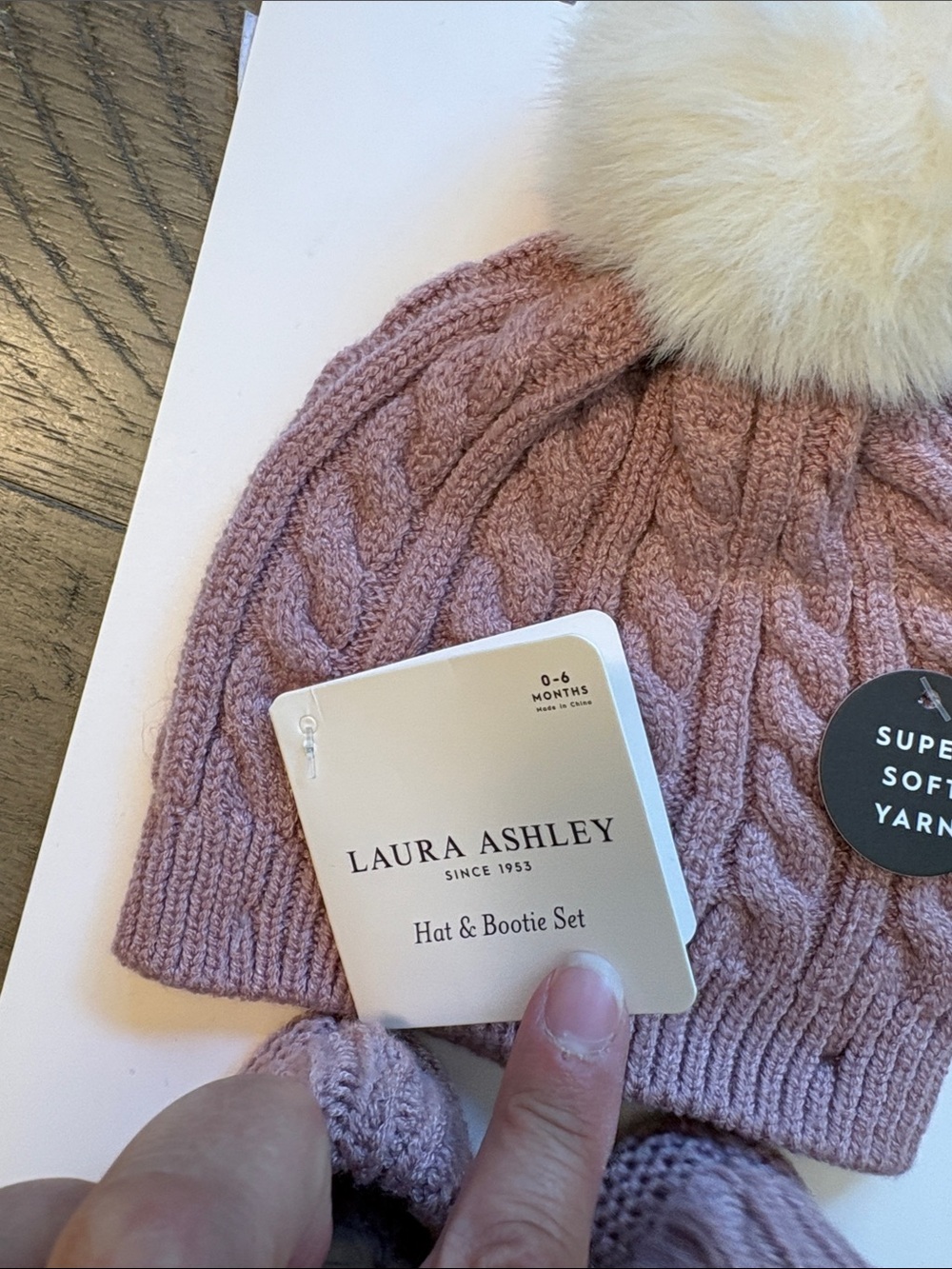 Laura Ashley Baby Cable Knit Hat & Booties Set - Dusty Rose with Cream Pom - Picture 2 of 4
